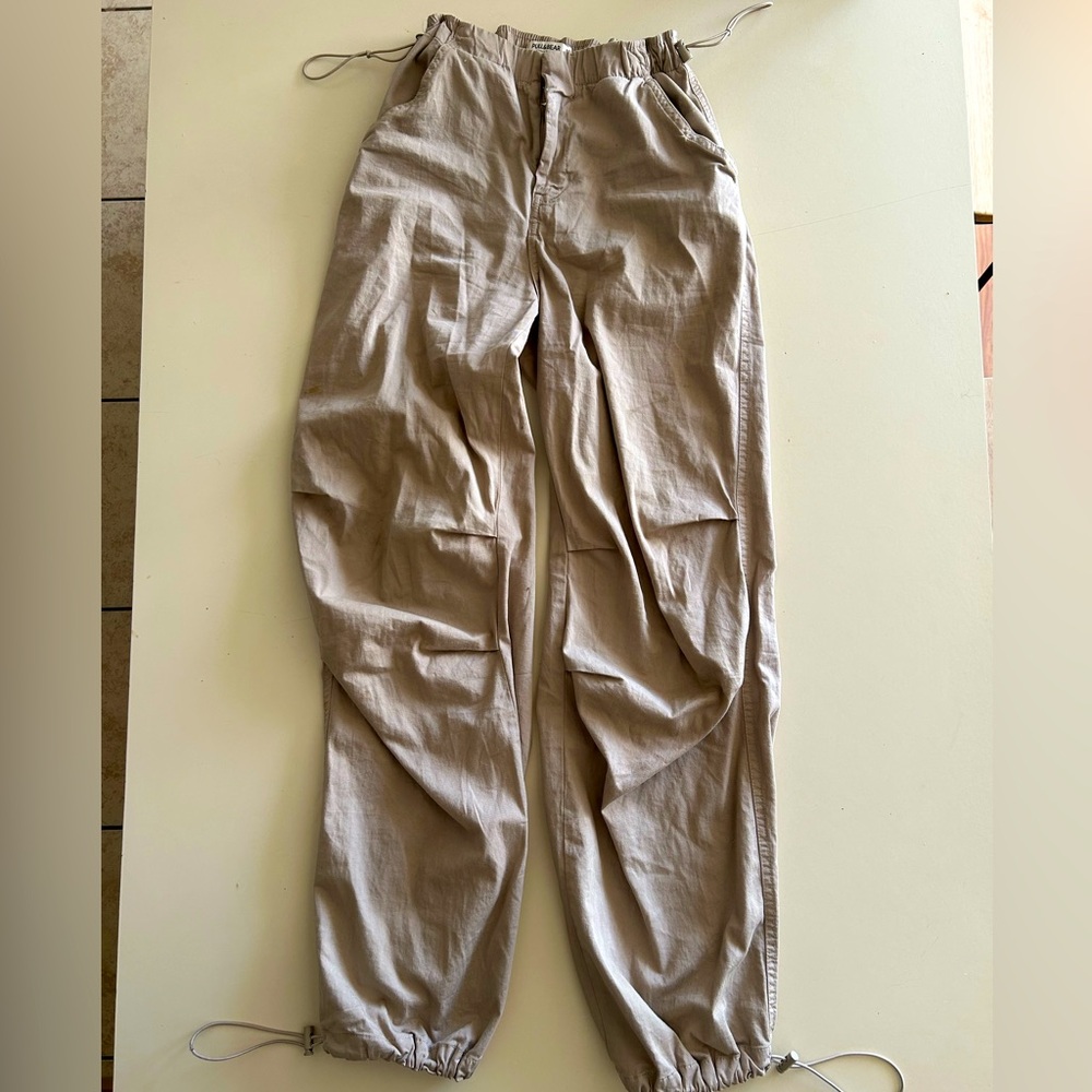 Pull & Bear Tan Parachute Pants with Scrunched Waist and Ankles
